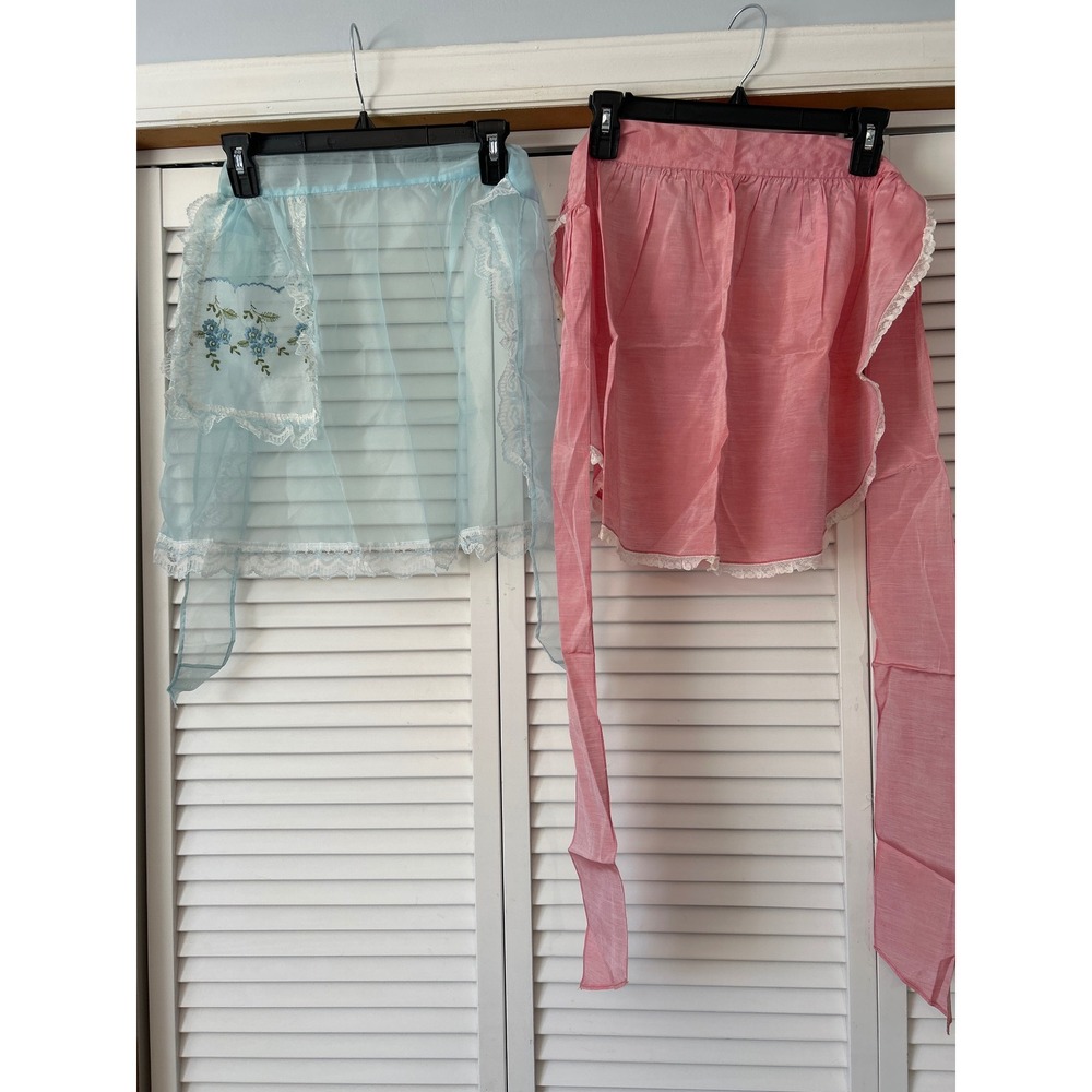 Vintage Apron Lot of 2 Kitchen Half Apron Lace Trim Pink Blue‎ Embroidered